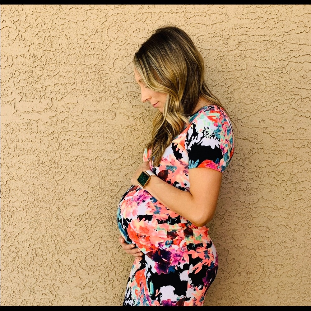 Pink floral maternity baby shower dress. Size small.